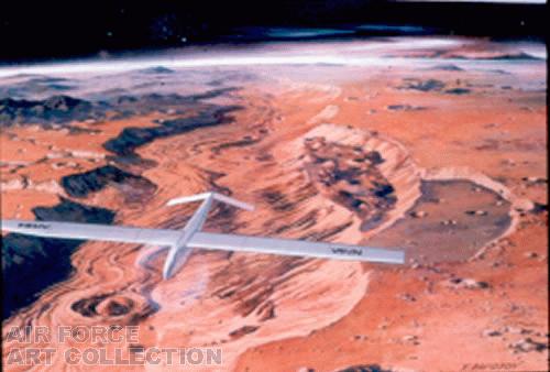 PROPOSED UNMANNED HYDRAZINE POWERED PROP AIRCRAFT IMAGING THE BOTTOM OF A MARTIAN CANYON